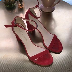 Stewart Weitzman Nudist Sandals, red suede.